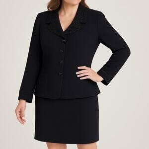 Tahari ASL Luxe Size 16 Skirt Suit w/ Beaded Blazer Jacket Black Formal Evening